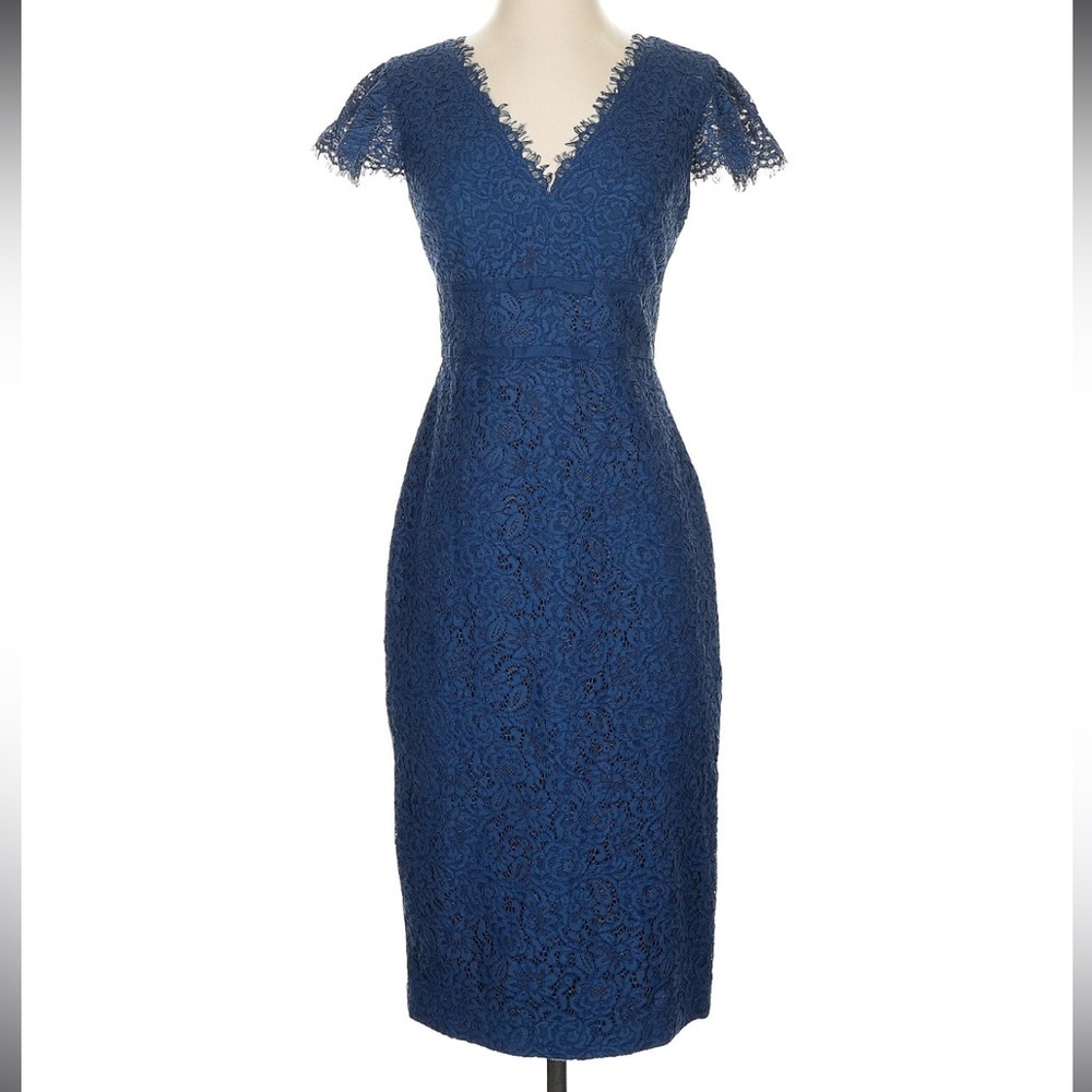 Gal Meets Glam Navy Blue Laced Midi Dress Office Business Casual sz 12